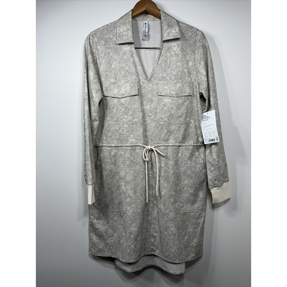 Athleta Women's Shirt Dress Small Zuma‎ Printed Collared Green Cream Semi-fitted